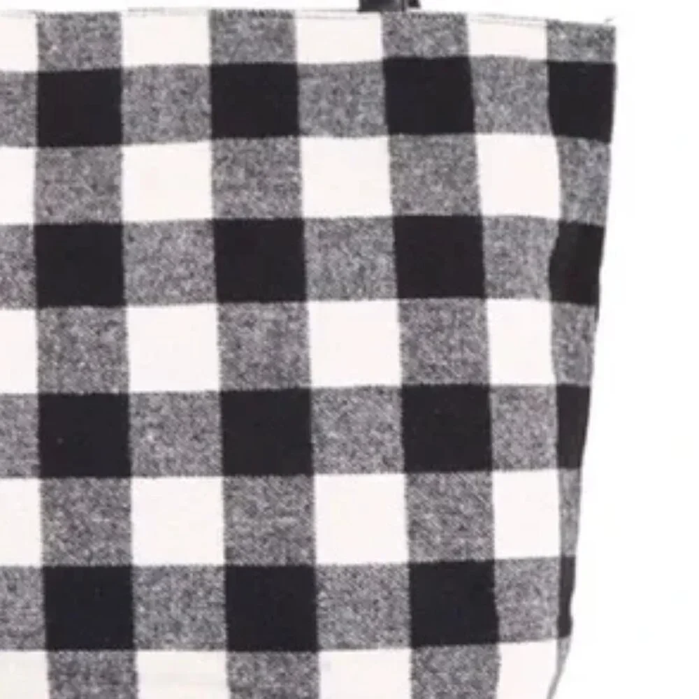 NWT Buffalo White Flannel Leather Plaid Tote Shoulder Travel Shopping Bag Black
